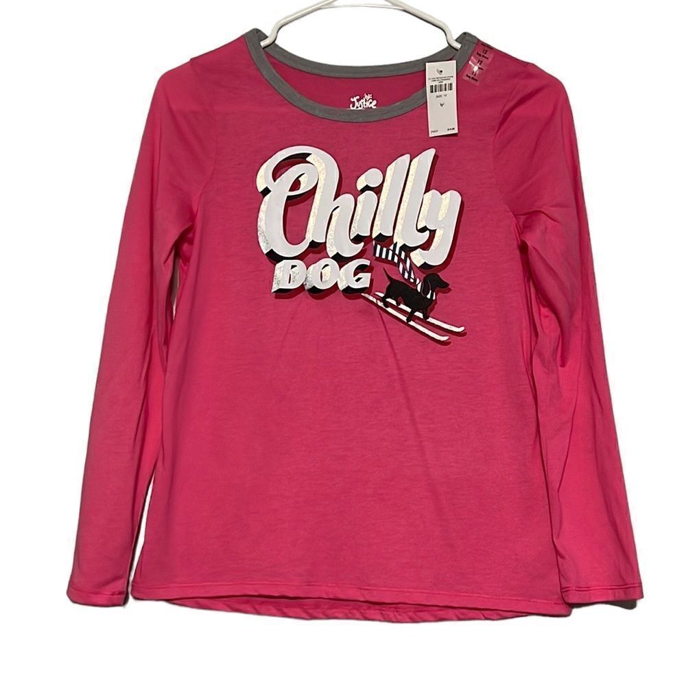 Long Sleeve T-Shirt Girls Size 12 Justice Pink Chilly Dog Winter Skiing NEW